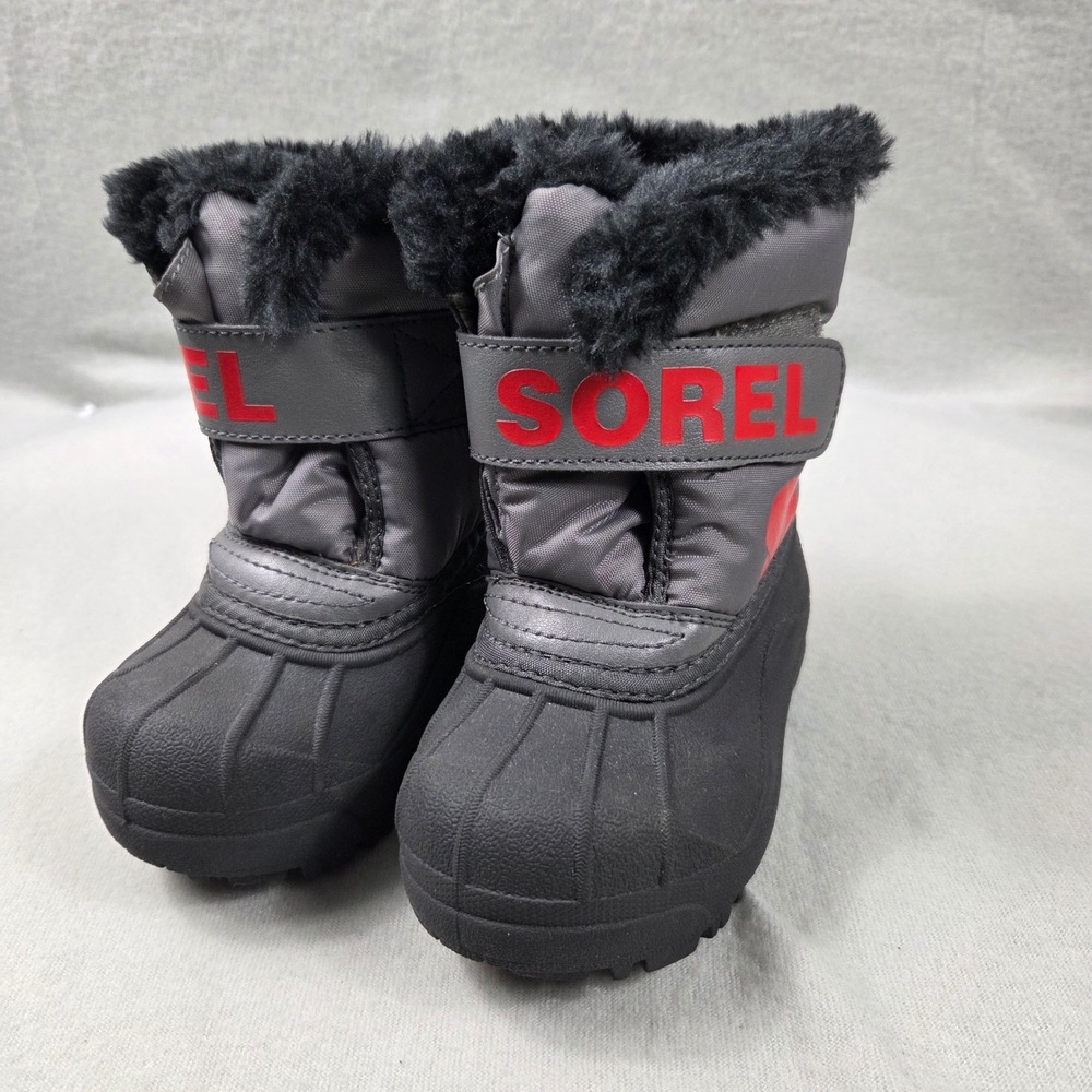 Sorel Snow Commander Boots Kids Size 7 Gray Excellent Faux Fur Winter NV1960-052